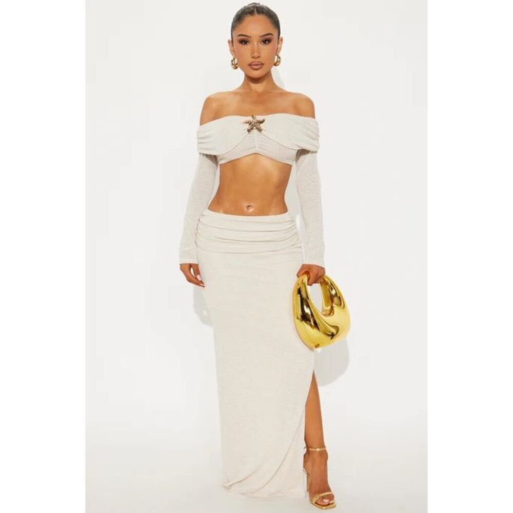 Sands Off Shoulder Metallic Knit Skirt Set - Oatmeal